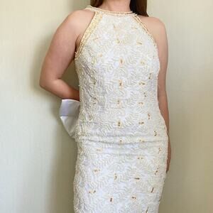 Vintage 90s Pearl Beaded Wedding Gown Size 12 Back Bow Old Money Bridal Dress